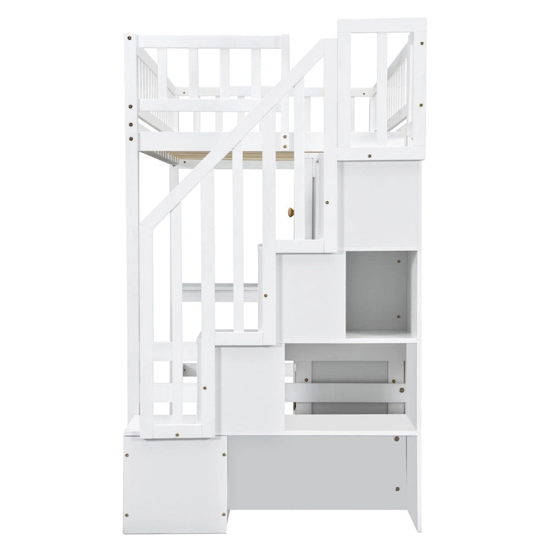 White Pine Wood Loft Bed with Built-in Desk Storage Cabinets and Staircase