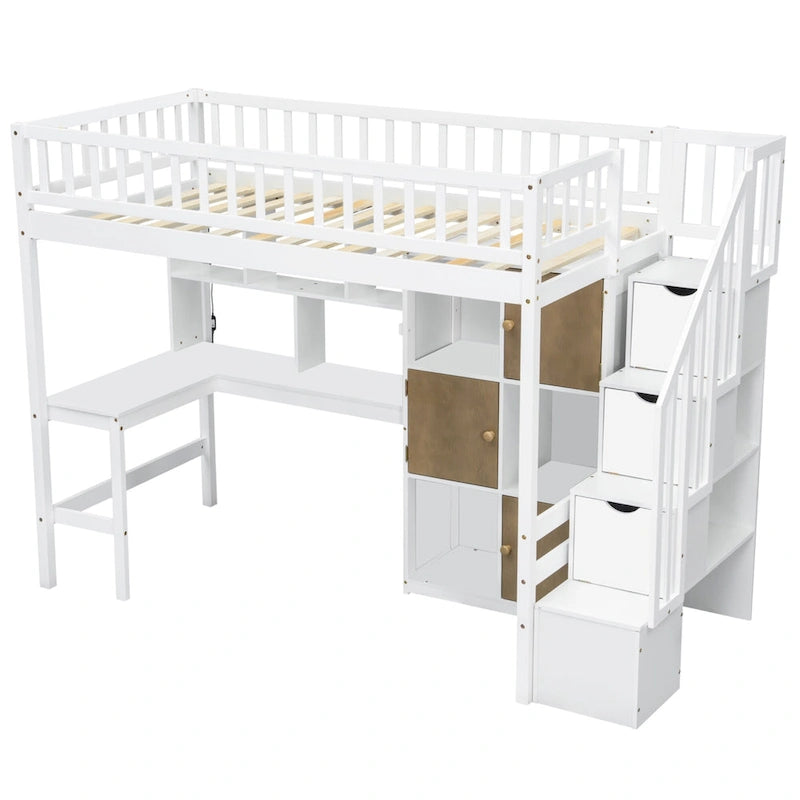 White Pine Wood Loft Bed with Built-in Desk Storage Cabinets and Staircase
