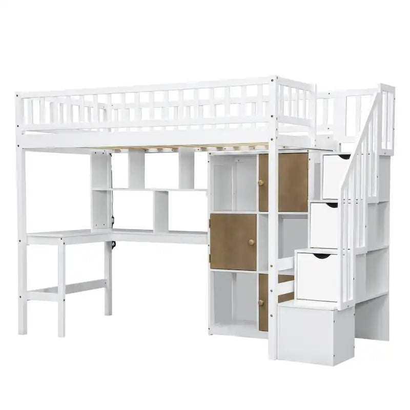 White Pine Wood Loft Bed with Built-in Desk Storage Cabinets and Staircase