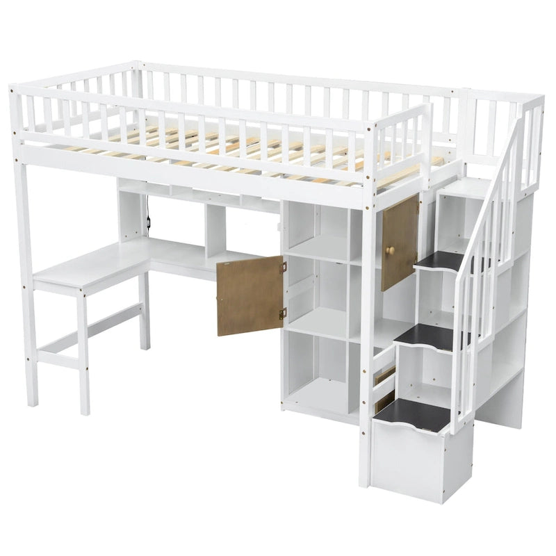 White Pine Wood Loft Bed with Built-in Desk Storage Cabinets and Staircase