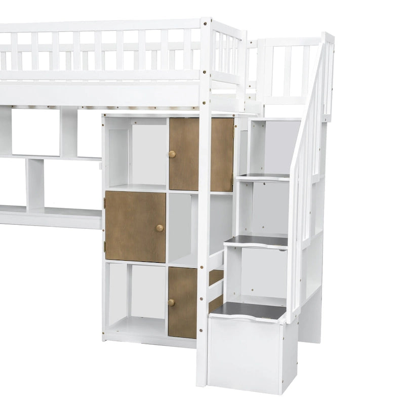 White Pine Wood Loft Bed with Built-in Desk Storage Cabinets and Staircase