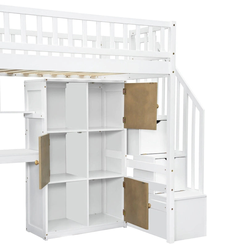 White Pine Wood Loft Bed with Built-in Desk Storage Cabinets and Staircase