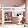 Full Size White Wooden Loft Bed with Built-In Desk, Shelves and Guardrails
