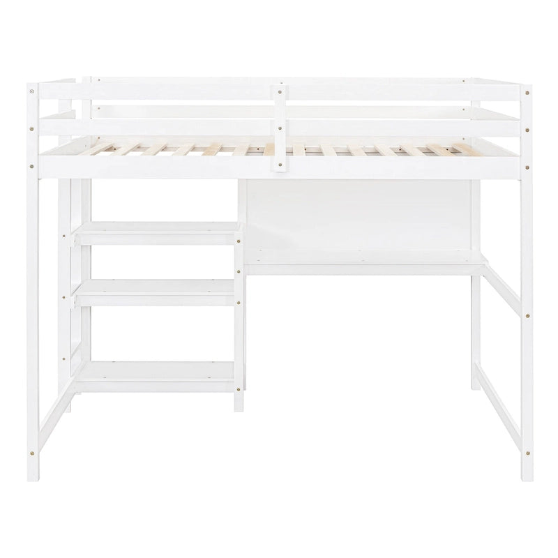 Full Size White Wooden Loft Bed with Built-In Desk, Shelves and Guardrails