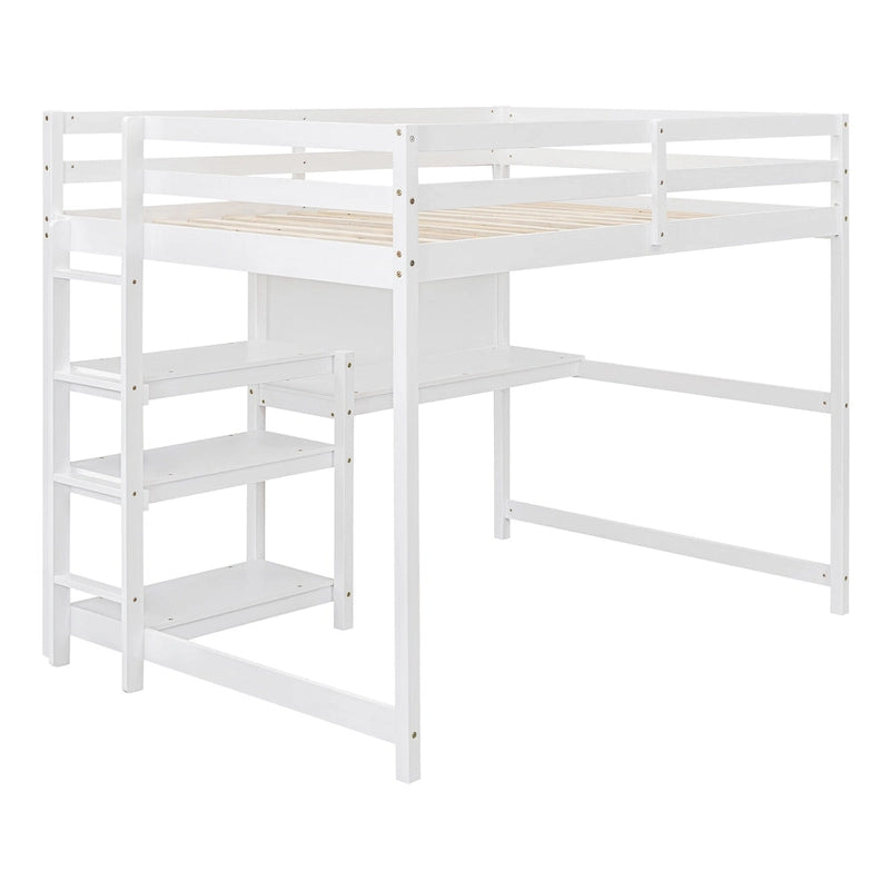 Full Size White Wooden Loft Bed with Built-In Desk, Shelves and Guardrails