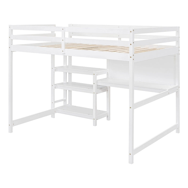 Full Size White Wooden Loft Bed with Built-In Desk, Shelves and Guardrails