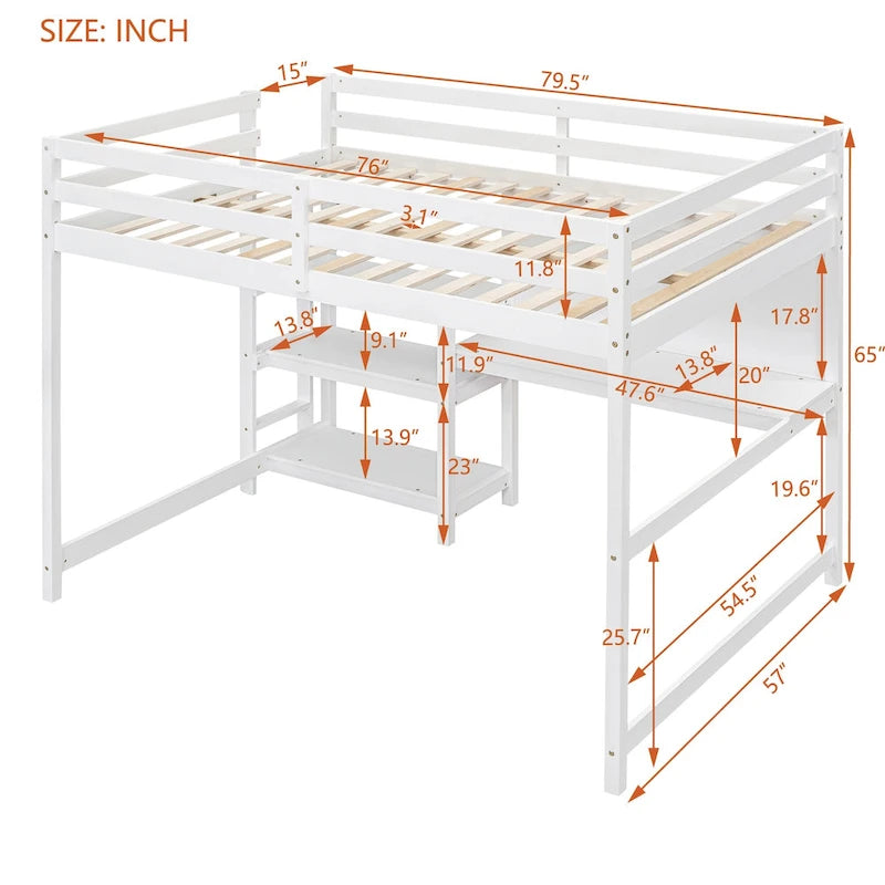 Full Size White Wooden Loft Bed with Built-In Desk, Shelves and Guardrails