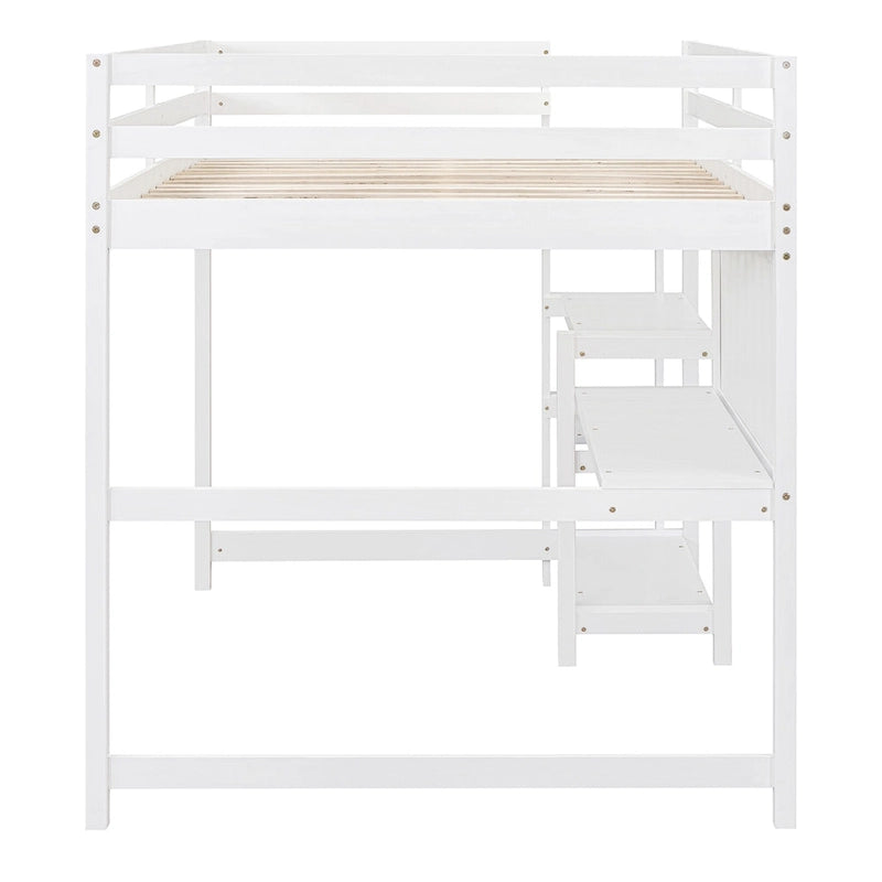 Full Size White Wooden Loft Bed with Built-In Desk, Shelves and Guardrails
