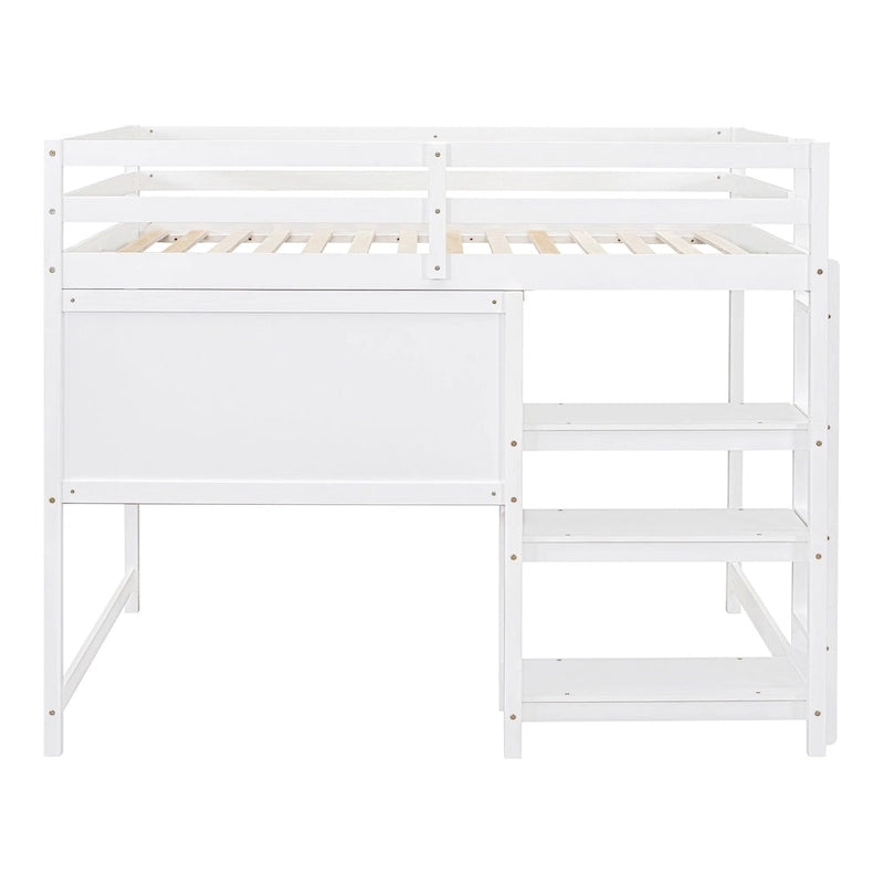 Full Size White Wooden Loft Bed with Built-In Desk, Shelves and Guardrails