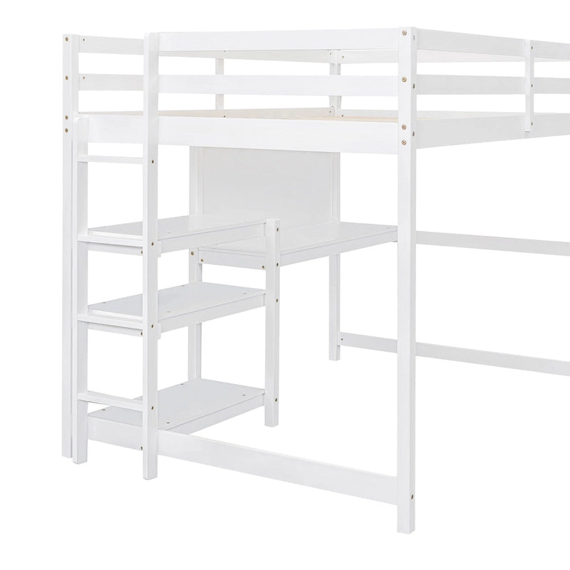 Full Size White Wooden Loft Bed with Built-In Desk, Shelves and Guardrails