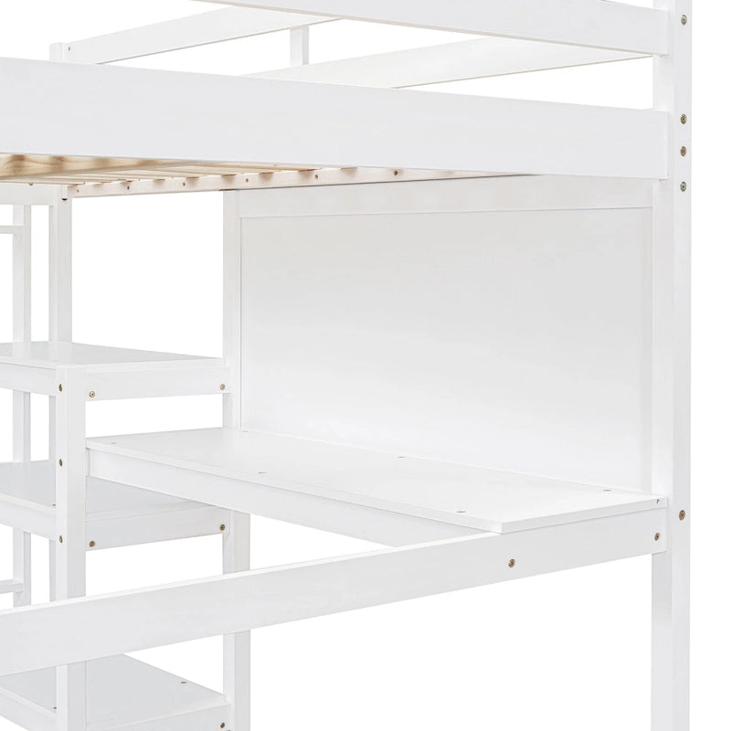 Full Size White Wooden Loft Bed with Built-In Desk, Shelves and Guardrails