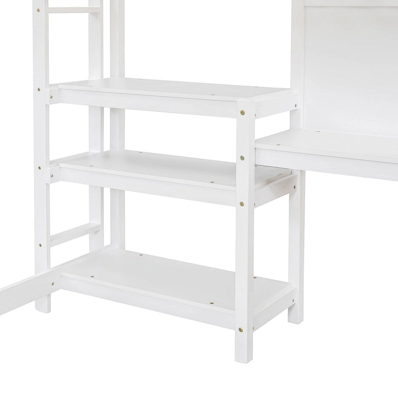Full Size White Wooden Loft Bed with Built-In Desk, Shelves and Guardrails