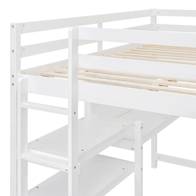 Full Size White Wooden Loft Bed with Built-In Desk, Shelves and Guardrails