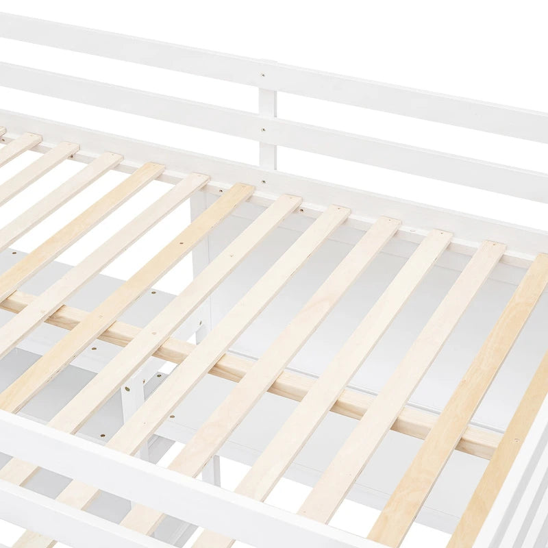 Full Size White Wooden Loft Bed with Built-In Desk, Shelves and Guardrails