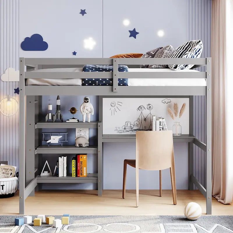 Full Size White Wooden Loft Bed with Built-In Desk, Shelves and Guardrails