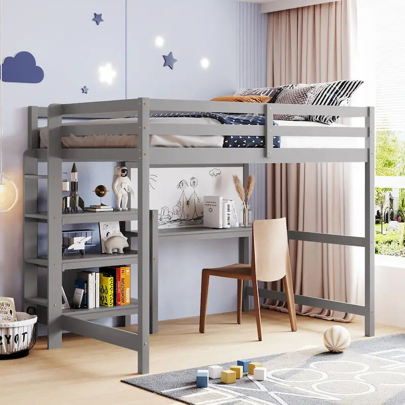 Full Size White Wooden Loft Bed with Built-In Desk, Shelves and Guardrails