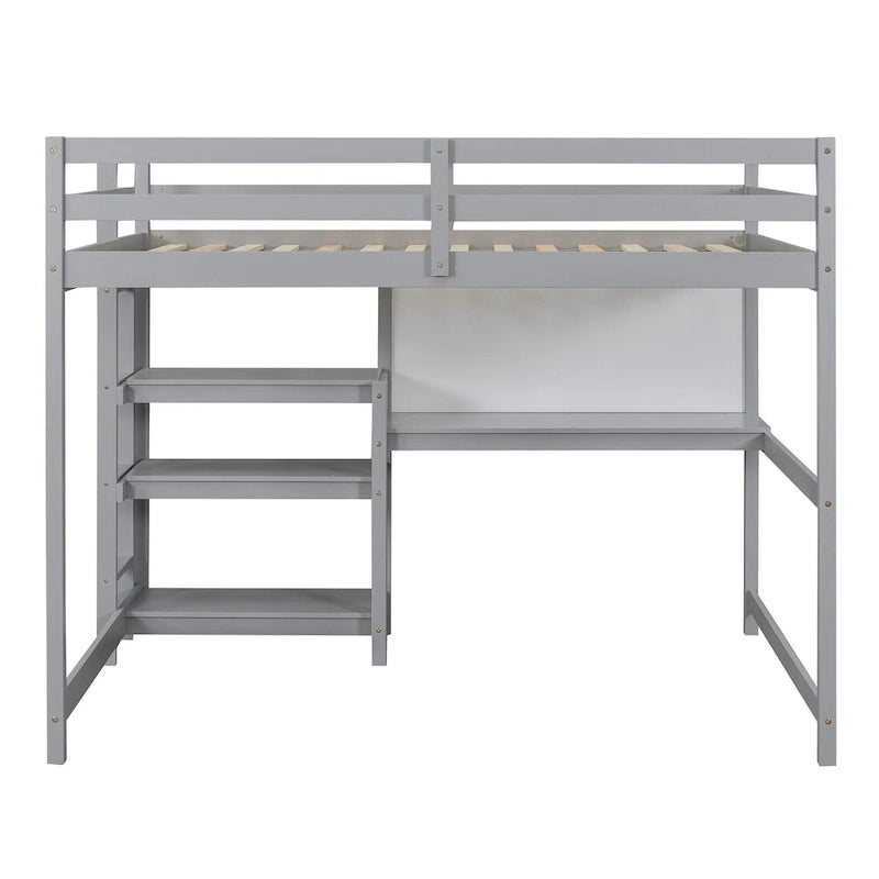 Full Size White Wooden Loft Bed with Built-In Desk, Shelves and Guardrails