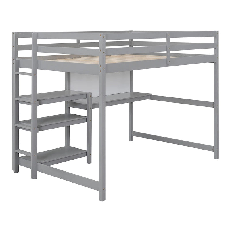 Full Size White Wooden Loft Bed with Built-In Desk, Shelves and Guardrails