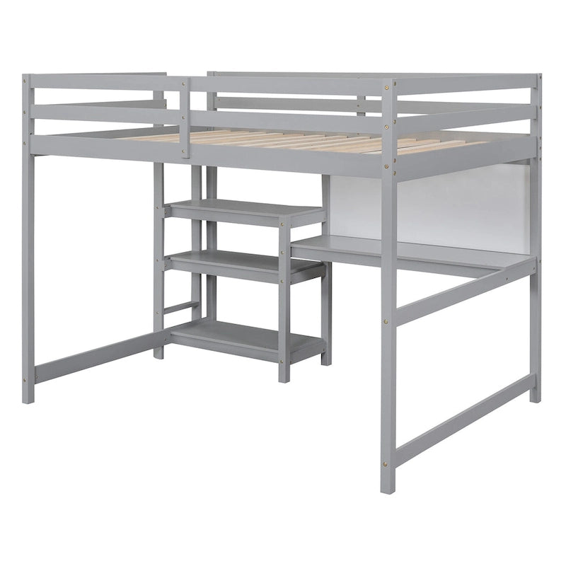 Full Size White Wooden Loft Bed with Built-In Desk, Shelves and Guardrails