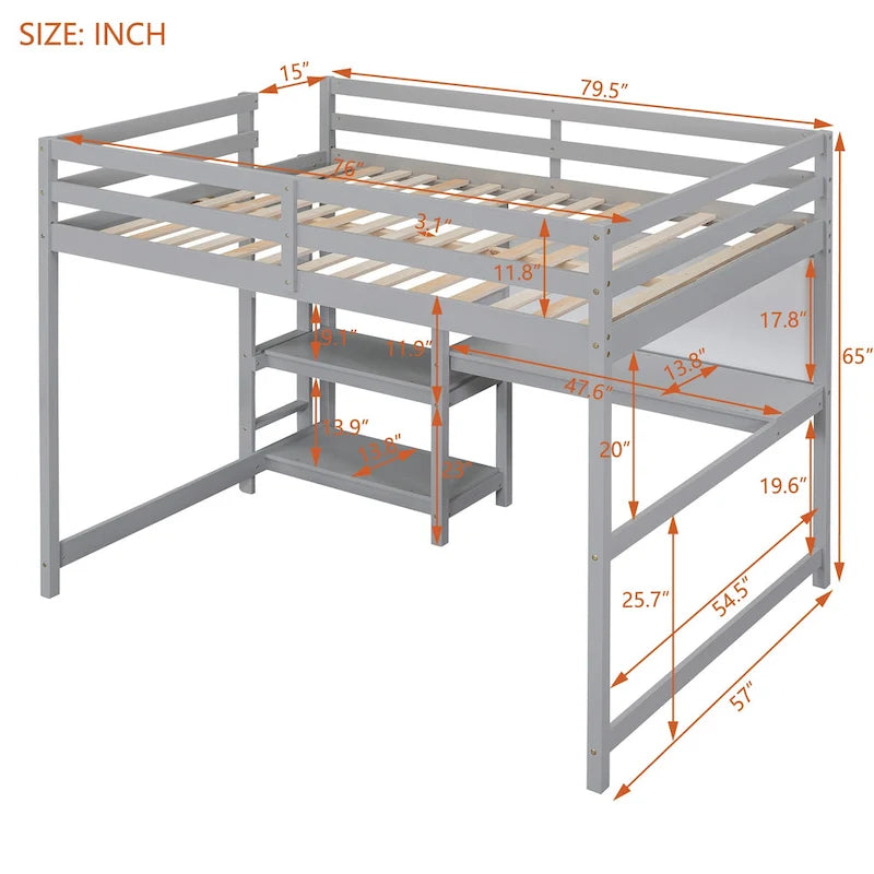 Full Size White Wooden Loft Bed with Built-In Desk, Shelves and Guardrails