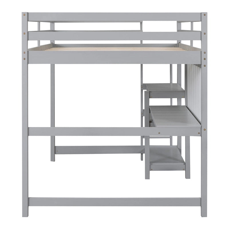 Full Size White Wooden Loft Bed with Built-In Desk, Shelves and Guardrails