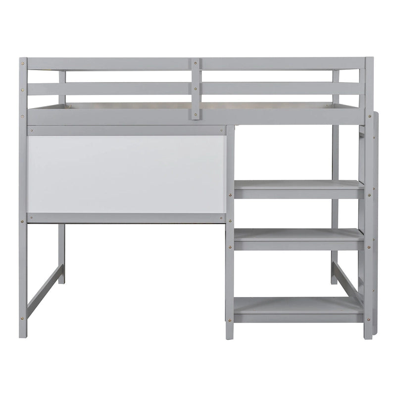 Full Size White Wooden Loft Bed with Built-In Desk, Shelves and Guardrails