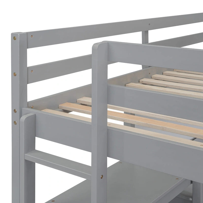 Full Size White Wooden Loft Bed with Built-In Desk, Shelves and Guardrails