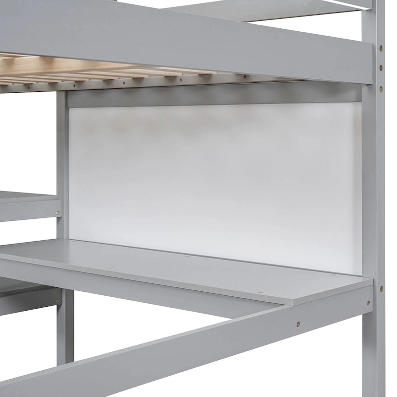 Full Size White Wooden Loft Bed with Built-In Desk, Shelves and Guardrails