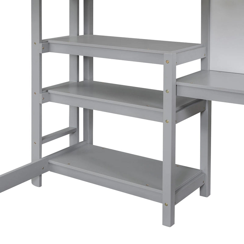 Full Size White Wooden Loft Bed with Built-In Desk, Shelves and Guardrails