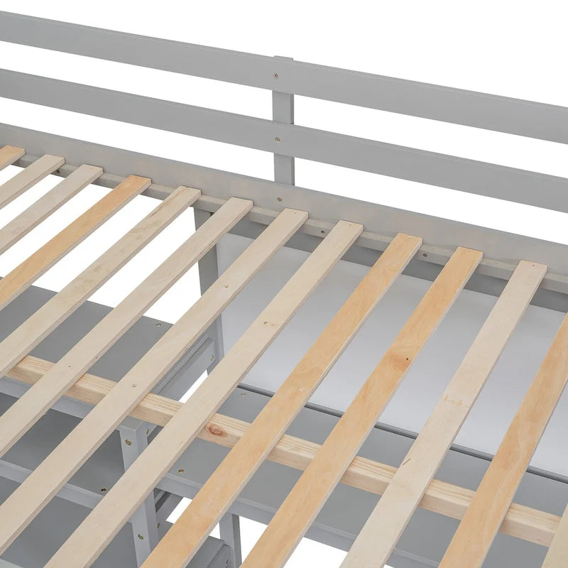 Full Size White Wooden Loft Bed with Built-In Desk, Shelves and Guardrails