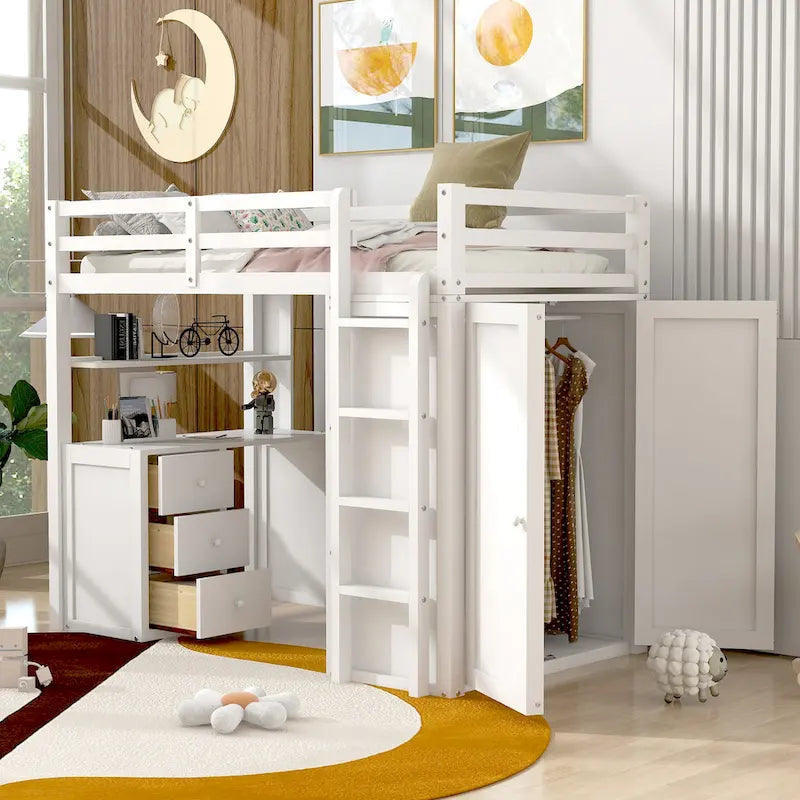 Twin Loft Bed with Study Station and Built-in Wardrobe, Desk & Drawers, 400lb Capacity