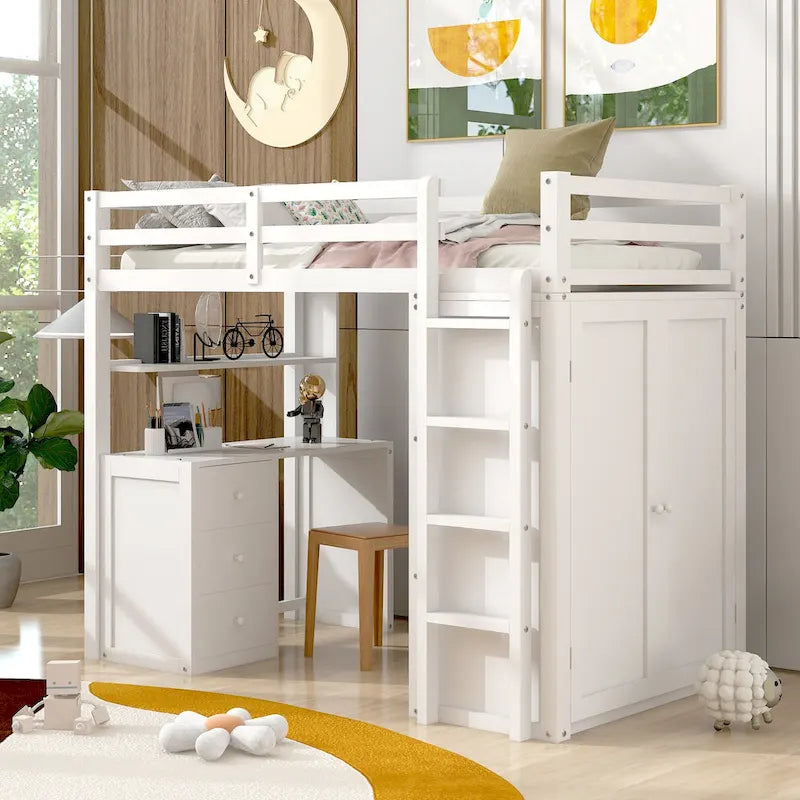 Twin Loft Bed with Built-In Desk Wardrobe Drawers Espresso White Gray