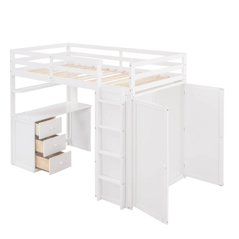 Twin Loft Bed with Built-In Desk Wardrobe Drawers Espresso White Gray