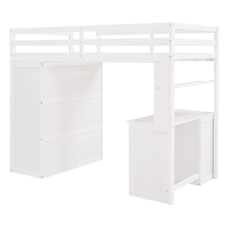 Twin Loft Bed with Built-In Desk Wardrobe Drawers Espresso White Gray