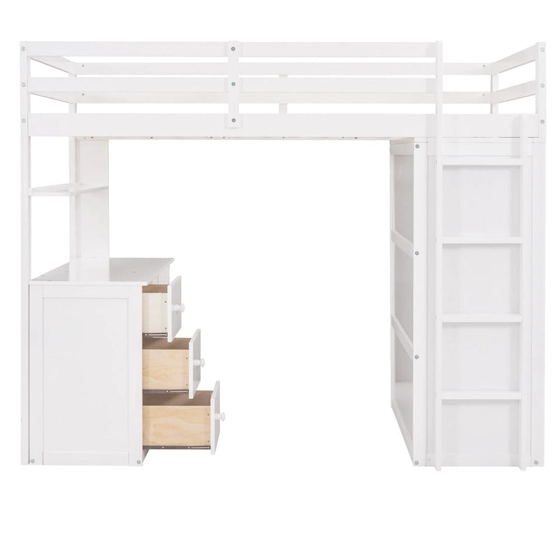 Twin Loft Bed with Built-In Desk Wardrobe Drawers Espresso White Gray
