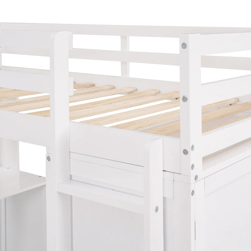 Twin Loft Bed with Built-In Desk Wardrobe Drawers Espresso White Gray