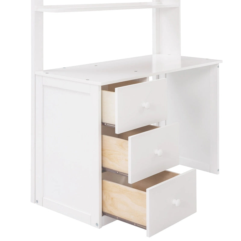 Twin Loft Bed with Built-In Desk Wardrobe Drawers Espresso White Gray