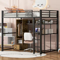 Black Metal Loft Bed with Wardrobe Desk Shelves and Full-Length Guardrails