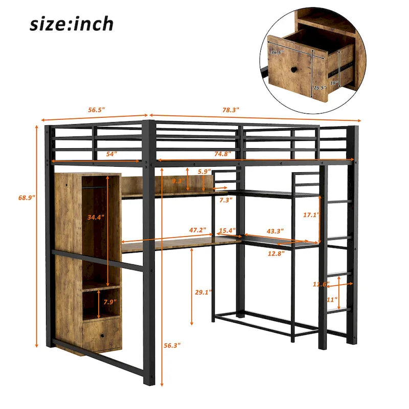 Black Metal Loft Bed with Wardrobe Desk Shelves and Full-Length Guardrails