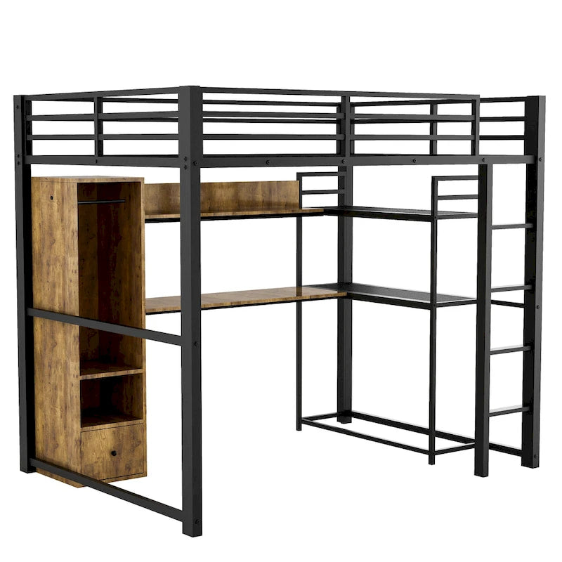 Black Metal Loft Bed with Wardrobe Desk Shelves and Full-Length Guardrails