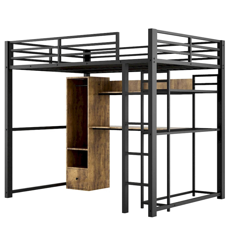 Black Metal Loft Bed with Wardrobe Desk Shelves and Full-Length Guardrails