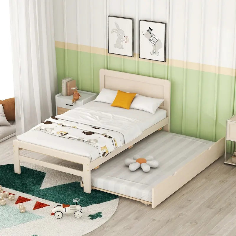 White Washed Solid Wood Twin Bed with Clean Modern Headboard Design