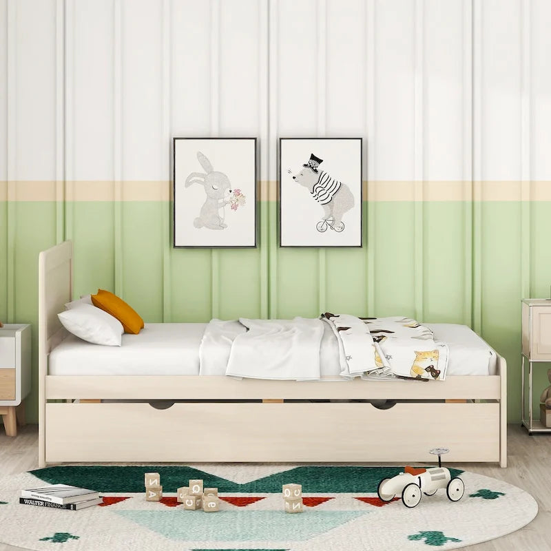 White Solid Wood Twin Bed with Trundle