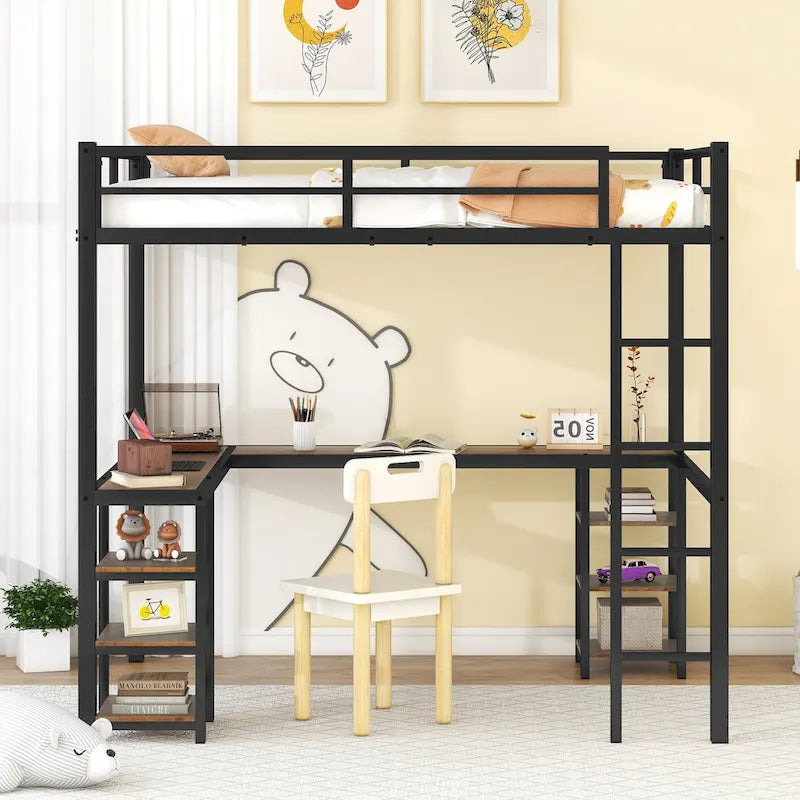 Black Metal Full Loft Bed with L-Shaped Desk, Shelves and Guardrails