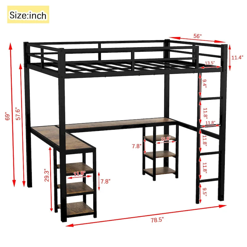 Black Metal Full Loft Bed with L-Shaped Desk, Shelves and Guardrails
