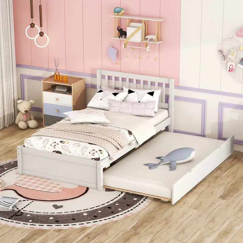 White Washed Rubberwood Twin Bed with Pull-Out Trundle
