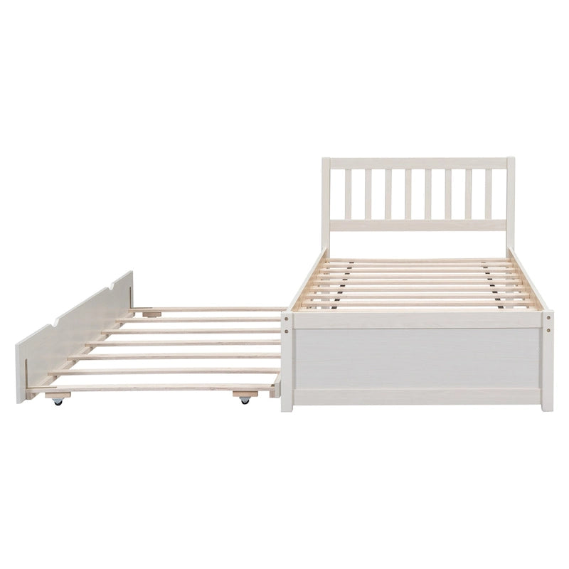 White Washed Rubberwood Twin Bed with Pull-Out Trundle