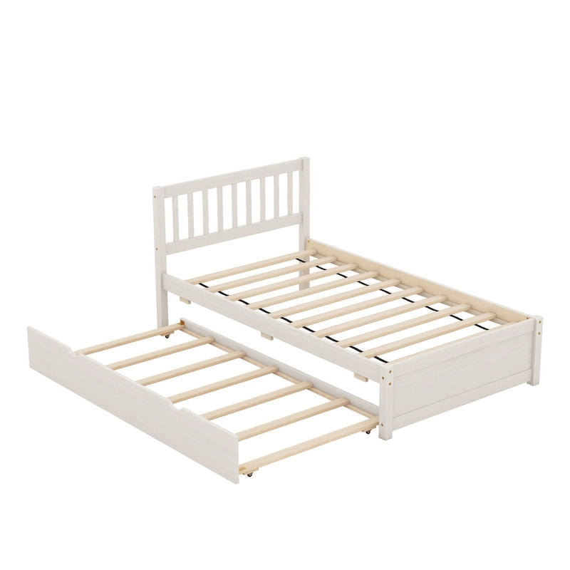 White Washed Rubberwood Twin Bed with Pull-Out Trundle