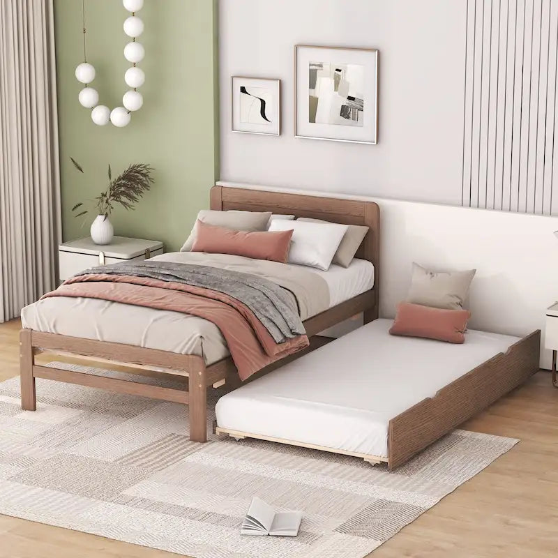 Walnut Twin Platform Bed Frame with Pull-Out Trundle, Rubberwood Construction