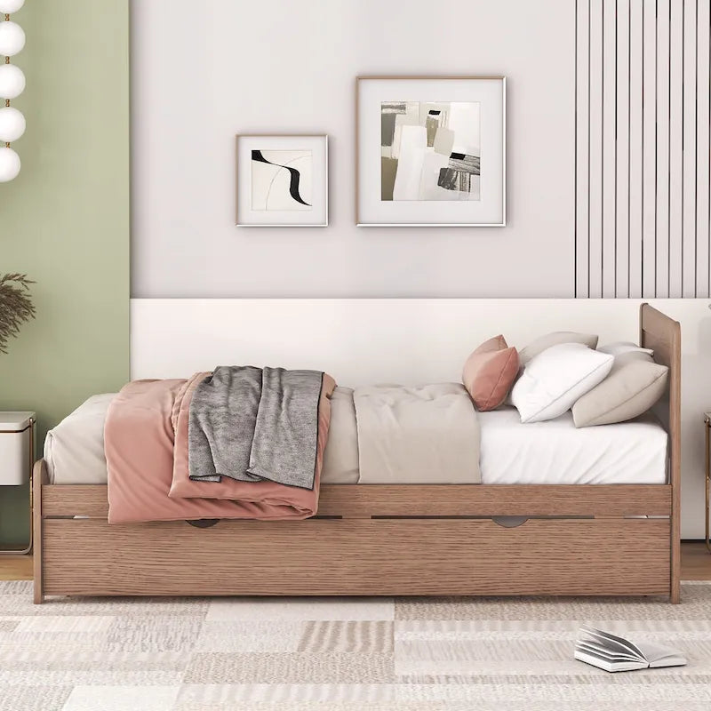 Walnut Twin Platform Bed Frame with Pull-Out Trundle, Rubberwood Construction